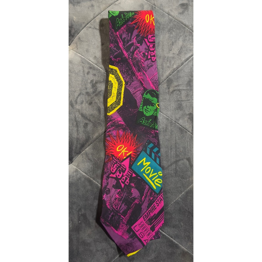 Claude Montana Vintage 80s Neon Pop Art Movie Novelty Tie Purple Green